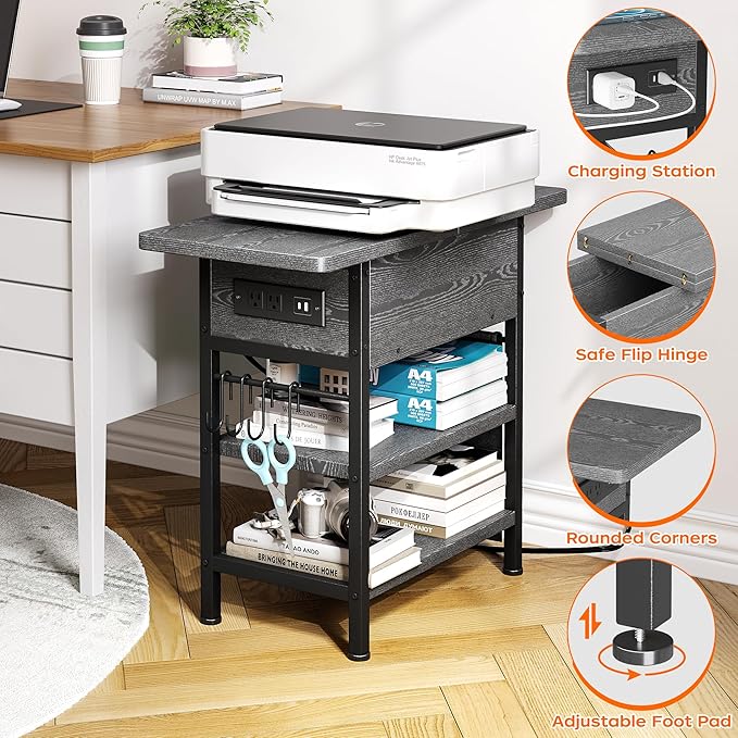 End Table with Charging Station, Flip Top Nightstand with USB Ports and Outlets,Couch Side Table with Fabric Bag and Hooks, Bedside Table for Space Saving, Living Room, Bedroom (Grey)-Ruum Studio Home