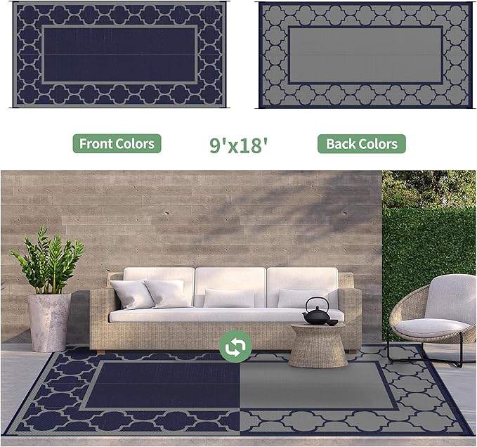 GENIMO 9 ' x 18 ' Outdoor Rug Waterproof for Patio Decor, Foldable Reversible Plastic Straw Area Rugs Mat for Camper, Outside Carpet for Rv, Deck, Porch, Picnic, Beach, Balcony, Blue & Grey-Ruum Studio Home