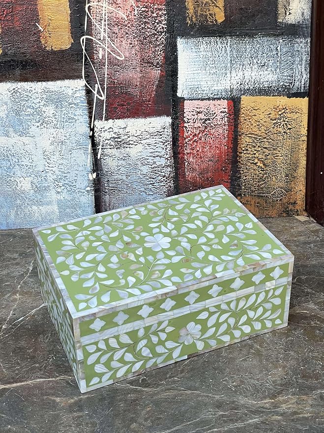 Decorative Storage Box Of Mother Of Pearl Inlay Floral Design Wooden Storage Box For Home Decoration For Living Dining & Bedroom (Olive Green_12x8x5 inch)-Ruum Studio Home