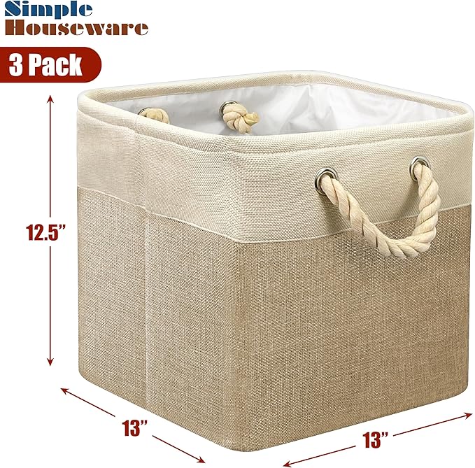 SIMPLE HOUSEWARE Fabric Storage Cubes, 13" x 13" Storage Bin, 3 Pack, Beige-Ruum Studio Home