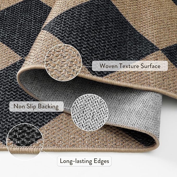 Lahome Checkered Easy Jute Runner, 2x6 Kitchen Runner Rug Non Slip Washable Outdoor Rug for Entryway Indoor, Checkerboard Black Indoor Outdoor Carpet for Hallway 6ft Entry Front Door-Ruum Studio Home