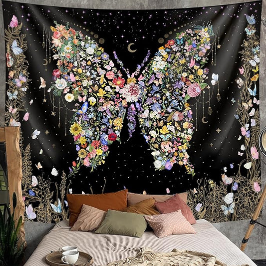 Damanse Butterfly Tapestry Wall Hanging Cute,Boho Wall Tapestry for Bedroom Aesthetic,Flower Living Room Decor for Teen Girls (Black, 49.20" x 59.10")-Ruum Studio Home