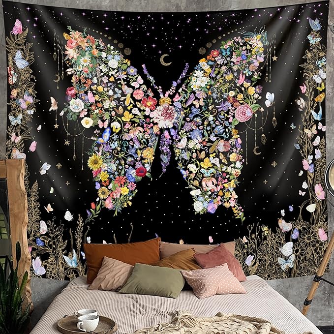 Damanse Butterfly Tapestry Wall Hanging Cute,Boho Wall Tapestry for Bedroom Aesthetic,Flower Living Room Decor for Teen Girls (Black, 59.80" x 78.70")-Ruum Studio Home