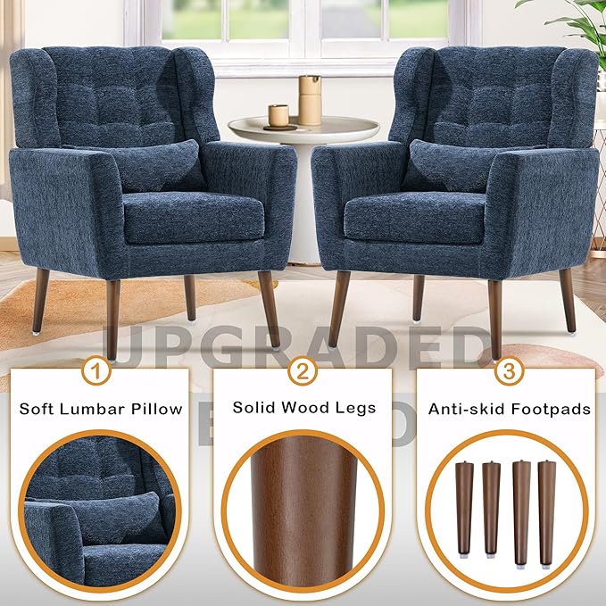 Modern Accent Chair, Upholstered Armchair with Pillow, Fabric Single Sofa Chair with Lounge Seat and Wood Legs Accent Chair for Living Room Bedroom Small Spaces (Dark Blue)-Ruum Studio Home