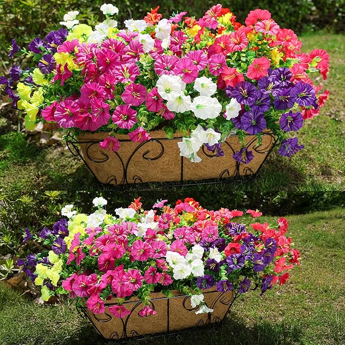 Artificial Flowers for Outdoors Fake Plants Outside Decoration, 12 Bundles Silk Colorful Morning Glory with Eucalyptus UV Resistant Realistic Faux Flowers for Planter Porch Patio Yard Garden-Ruum Studio Home