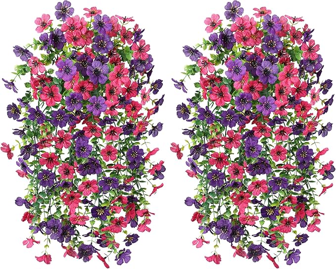 Artificial Faux Hanging Flowers Plants for Spring Outdoor Outside Decoration, 2 PCS Fake Silk Daisy with Eucalyptus UV Resistant Realistic Trailing Vines for Balcony Patio Porch (Darkpurple+Hotpink)-Ruum Studio Home
