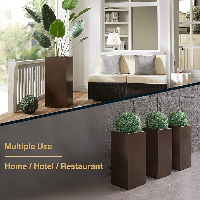 Metallic Heavy Tall Outdoor/Indoor Planter Box 14Lx14Wx30H Inches, Rectangular Tall Planter, Large Flowerpot, ‎25 Pounds, Espresso, No Assembly Required 1 Pack-Ruum Studio Home