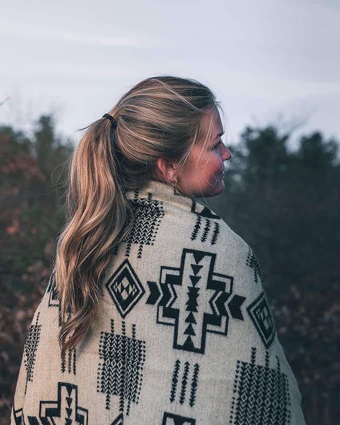 Inca Aztec Throw, Queen, King Blanket | Southwest Indian Navajo Boho Style | Native Cover for Camping, Bedding, Couch, Vanlife | Faux Alpaca, Lightweight, Hypoallergenic (Obsidian Black, Queen)-Ruum Studio Home