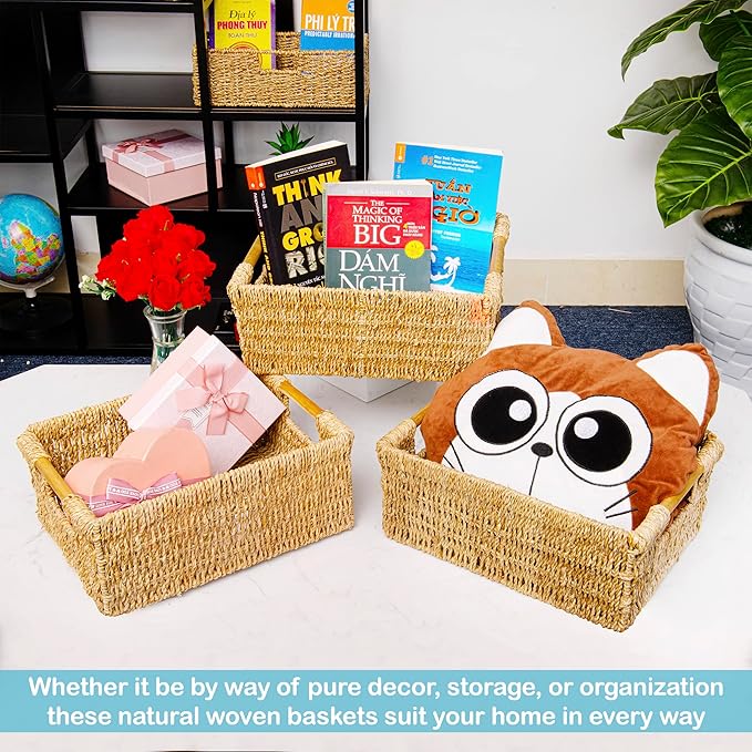 Natural Seagrass Storage Basket with Handle, Rectangular Woven Organizer Bin for Living Room or Shelf, Decorative Storage Basket, Medium Size 13.4 x 9.3 x 4.9 Inches-Ruum Studio Home