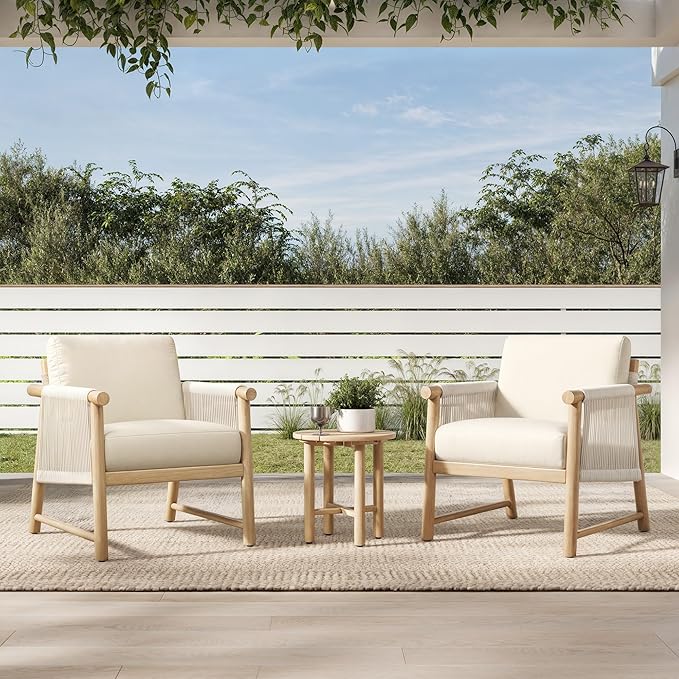CHITA 3 Pieces Boho Patio Rattan Bistro Set, Outdoor Wicker Chairs & Side Table Set with Acacia Wood Frame(Cream)-Ruum Studio Home
