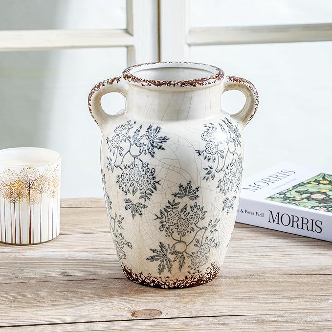 Enra Vintage vase with Handle,9.4 inch Blue and White Ceramic Decorative Flower vase, Chinoiserie Floral Vase,Large Rustic Vases for Home Decors, Living Room, Bookshelf, Office-Ruum Studio Home