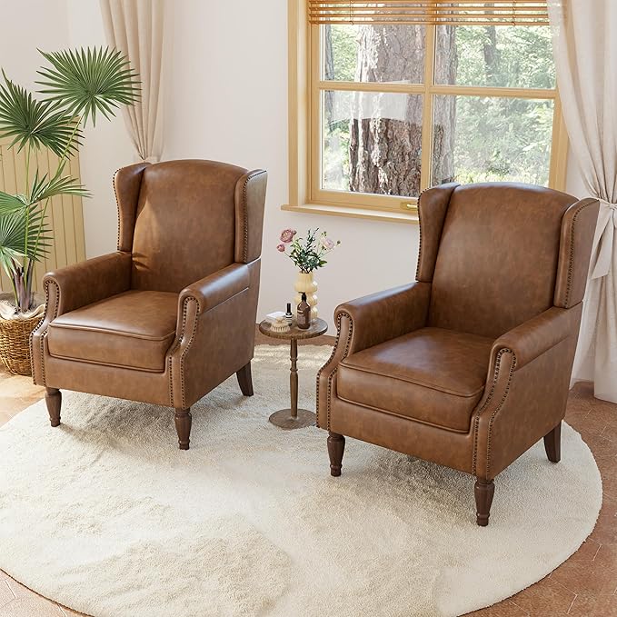 Accent Chairs, Faux Leather High Back Armchair setof 2 or Living Room, Comfy Upholstered Single Sofa Reading Chairs with Solid Wood Legs for Office, Bedroom, Waiting Room-Leather Brown-Ruum Studio Home