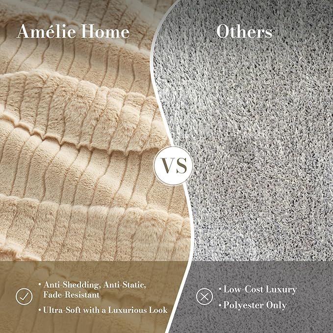 Amélie Home Luxury Striped Faux Fur Throw Blanket for Couch, Embossed Split Fur Cozy Fuzzy Fluffy Luxurious Soft Plush Sofa Chair Bed Gift Blankets for Women Men Wife Friend, 60"x80", Beige-Ruum Studio Home