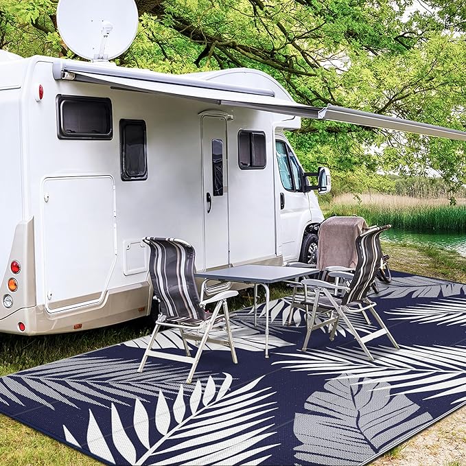GENIMO Outdoor Rug 10' x 14' Waterproof for Patios Clearance, Reversible Outdoor Plastic Straw Camping Rug Carpet, Large Area Rugs Mats for RV, Camper, Deck, Balcony, Porch, Beach, Navy Blue&White-Ruum Studio Home