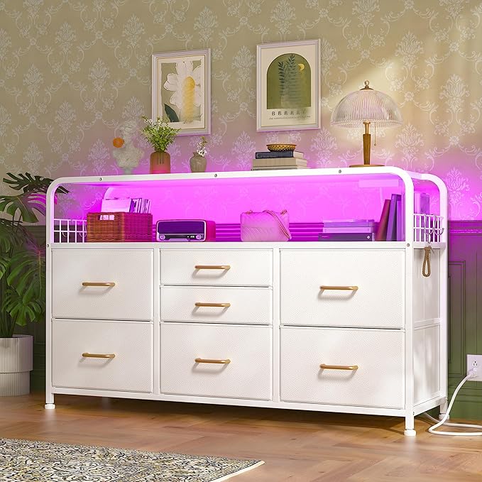 TV Stand for Bedroom with LED Lights & Charging Station, 7 Drawer with Open Shelf, Media Console for Living Room & Chest of Drawers for Closet, Entryway, Hallway, 4 Hooks, White-Ruum Studio Home