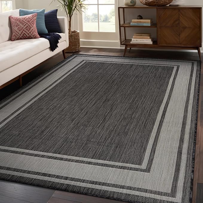 Beverly Rug Large Outdoor Rug 9x12 Modern Bordered Area Rugs for Indoor and Outdoor Patio Deck Porch Garden Waterproof Weather Sun Resistant Washable Outside Carpet (9 x 12 Dark Gray)-Ruum Studio Home