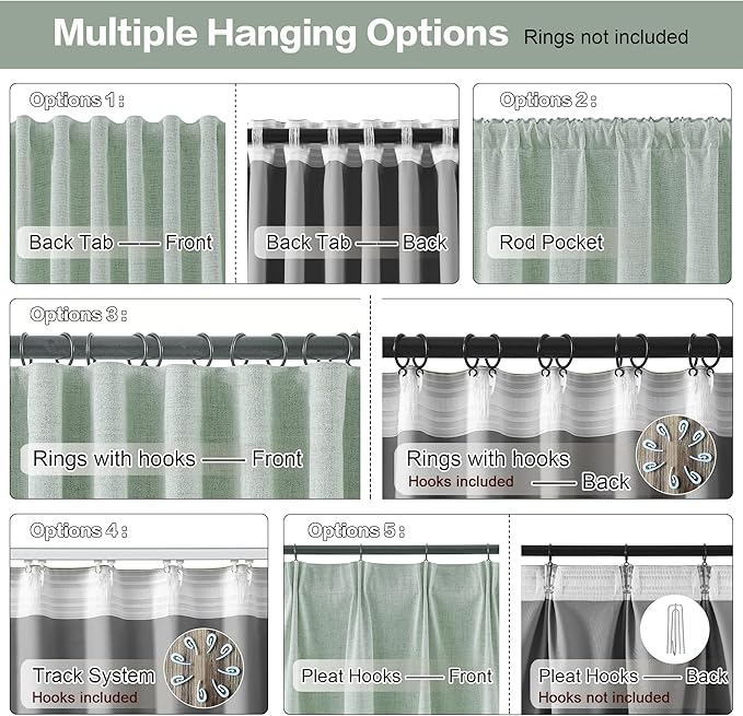 RAIN CITY Light Green Linen Blackout Curtains 102 Inch Long for Living Room,2 Panels Pinch Pleated Drape with Hooks Back Tab Boho Decor, Textured Full Black Out Curtains for Bedroom 50 x 102-Ruum Studio Home