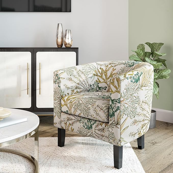 BELLEZE Living Room Chairs Set of 2, Linen Round Accent Barrel Chairs, Club Tub Sofa Chairs for Bedroom, Corner Chairs with Flared Legs and Cozy Soft Padding - Highland (Green Coral)-Ruum Studio Home