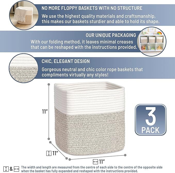NaturalCozy Storage Cubes 11 Inch Cotton Rope Woven Baskets for Organizing, 3-Pack | Cube Bin Square Shelves Organizer, Classroom, Kids Toy Bins, Closet, Baby Nursery-Ruum Studio Home