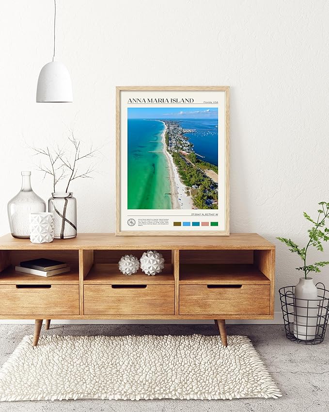 HesenDot Natural OAK Wood Framed Anna Maria Island Wall Art,12x16in Florida Seascape Canvas Wall Print,Classic Urban Landmark Wall Decor for Living Room, Bedroom,Office Gallery Set of 1-Ruum Studio Home