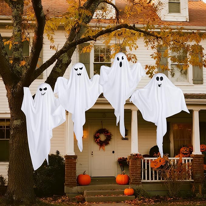 4 Pack Halloween Hanging Ghost Decorations, 27.5" Light Up Spooky Floating Ghosts with LED Glow, Waterproof Outdoor & Indoor Haunted House, Porch, Yard, Garden Party Decor-Ruum Studio Home