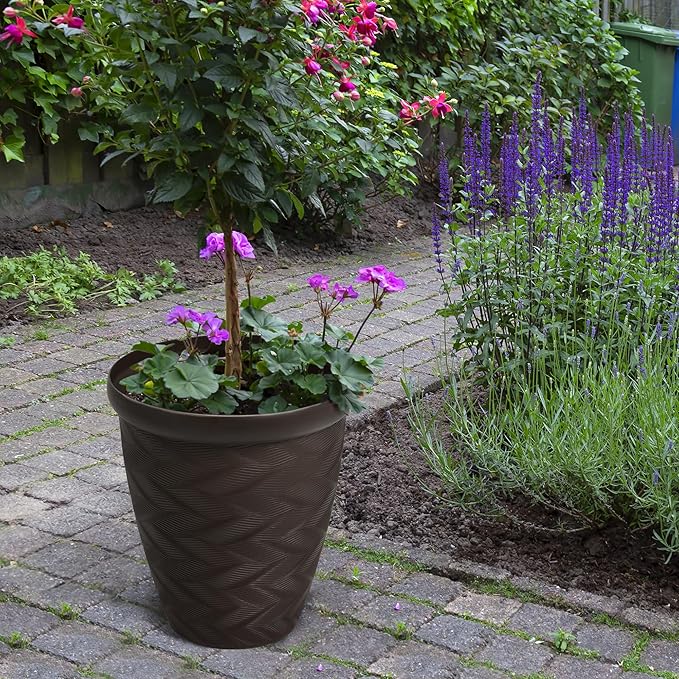 Worth Garden 2-Pack 16" Large Round Planter - Weave Pattern Lightweight Plastic Plant Pot 16" x 17.5" for Indoor Outdoor Use - Decorative Containers for Front Porch Home Yard Deck Patio - Dark Brown-Ruum Studio Home