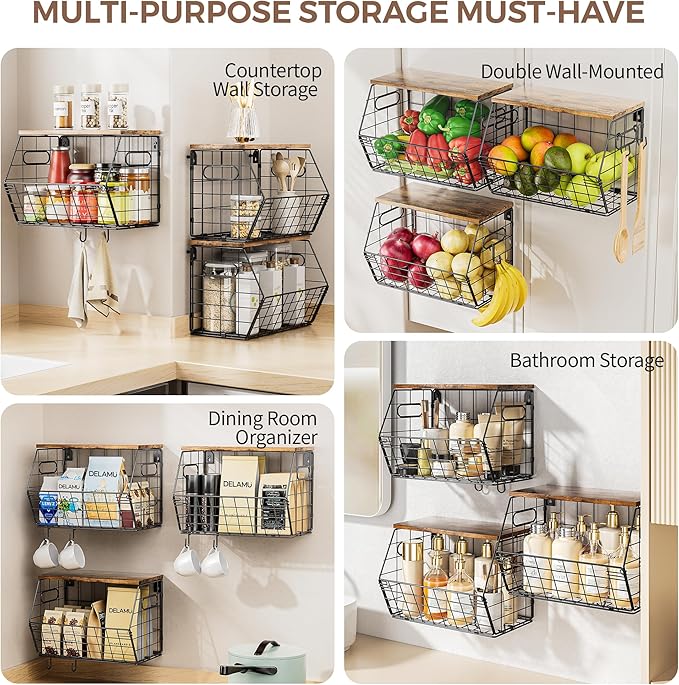 Delamu 3 Pack Stackable Metal Fruit Basket with Wood Lid-Wall Mounted&Countertop Organizer for Kitchen,Pantry- Ventilated Storage for Onions,Potatoes,Fruits,Spices,Black-Ruum Studio Home