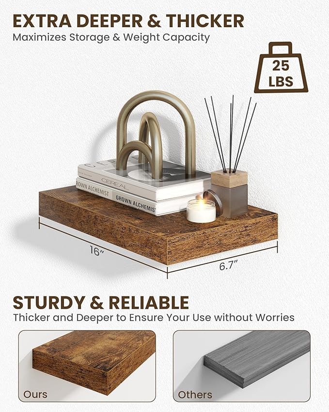 Marsmiles 16" Floating Shelves for Wall, Wooden Shelves with Invisible Brackets Set of 2, Rustic Farmhouse Wall Mounted Shelf for Kitchen Bathroom Living Room Study, Rustic Brown-Ruum Studio Home