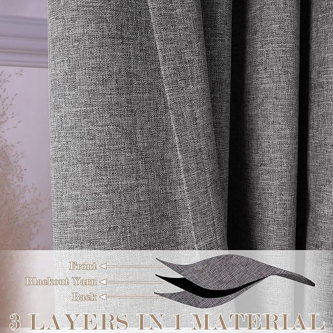 100" W x 96" L Faux Linen Room Divider Curtains, Full Blackout Pinch Pleated Drapes for Traverse Rod, Bedroom Divider Privacy Drapery with Hooks for Ceiling Track, 1 Panel, Gray-Ruum Studio Home