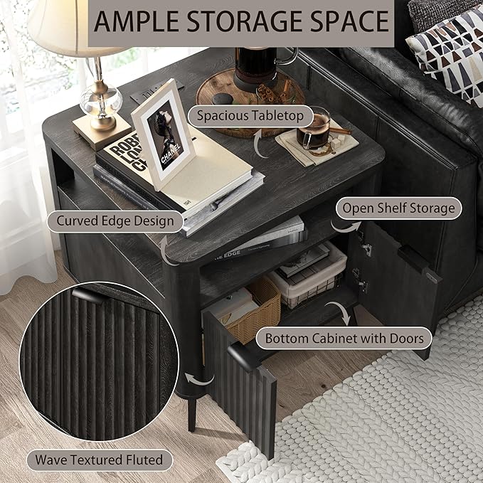 Nightstand Set of 2 with Charging Station, 24" End Table Side Table with Open Shelf, Modern Large Wood Fluted Bedside Cabinet for Bedroom, Living Room, Black-Ruum Studio Home