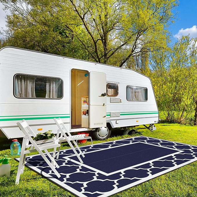 GENIMO 10' x 14' Outdoor Rug Waterproof for Patio, Foldable Reversible Plastic Straw Area Rugs Mat for Rv Decor, Outside Carpet for Camper, Deck, Picnic, Beach, Balcony, Porch, Blue & White-Ruum Studio Home