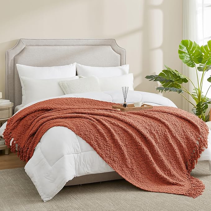 Amélie Home Knit Throw Blanket with Tassels for Couch, Luxury Boho Throw Blanket for Summer Orange, 50"x60"-Ruum Studio Home