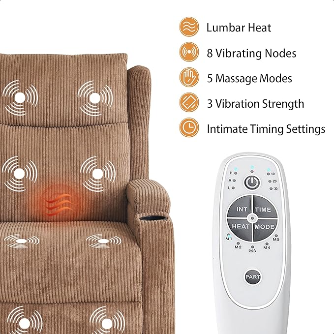 Lift Recliner Chair for Adults with Massage and Heating, Power Lift Recliner Chairs for Elderly, Corduroy Fabric Reclining Chair with USB &Type-C Port, Cup Holders, L6111 (Brown)-Ruum Studio Home