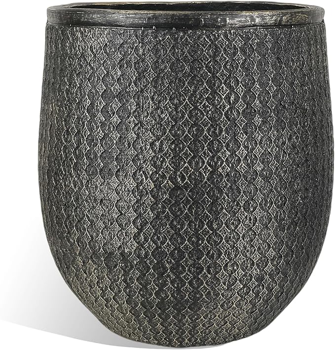 Worth Garden Large Round Planter – 14.5" Dia x 17.5" H Lightweight Magnesium Oxide Cement Plant Pot with Texture – Raised Pattern Concrete Look – Drainage Hole – Indoor & Outdoor Use - Black Gold-Ruum Studio Home