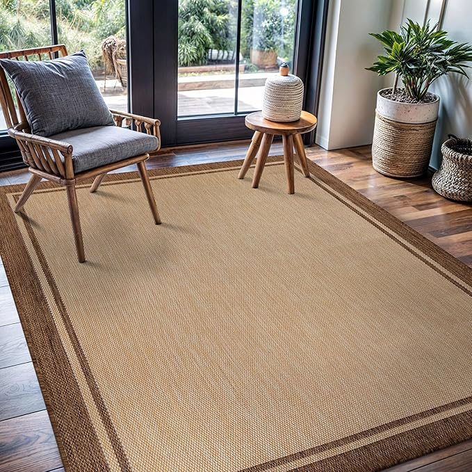 CAMILSON Outdoor Rug 5x7 Bordered Natural Brown Modern Area Rugs for Indoor and Outdoor Patios, Kitchen and Hallway Mats, Washable Porch Deck Outside Carpet (Border Jute, 5 x 7)-Ruum Studio Home