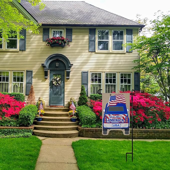 TOPFLAGS Garden Flag Stand with American Garden Flags God Bless America and Car Yard Flag 12x18 Inch Holder Pole Stake Double Side for Outside with Clips and Stopper for Memorial Day 4 th of July-Ruum Studio Home