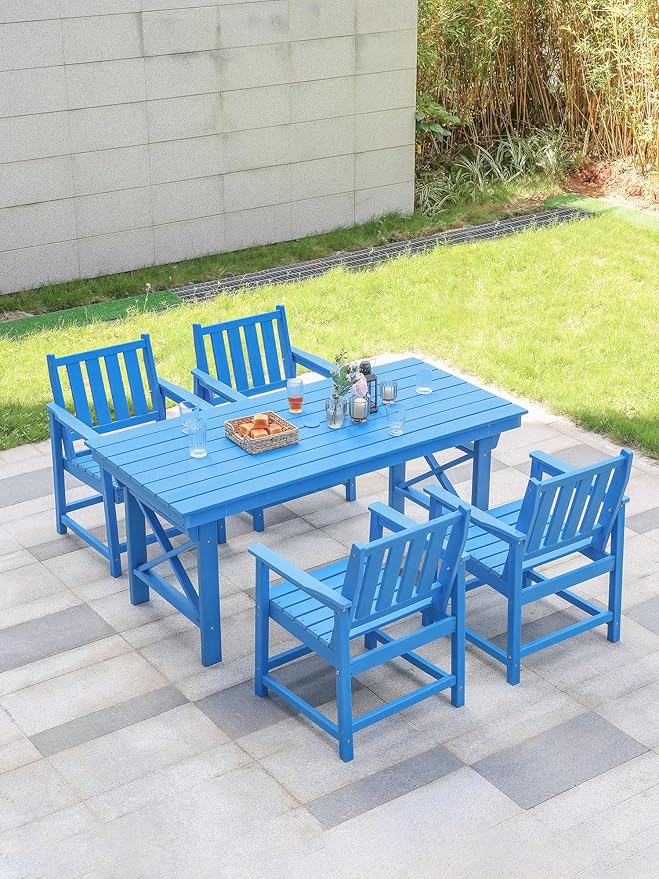 HDPE Patio Dining Set, 5-Piece Outdoor Table and Chairs with Umbrella Hole, Modern Outdoor Dining Set for 4, HDPE Outdoor Patio Furniture Dining Sets for Deck, Poolside, Porch, Sky Blue-Ruum Studio Home