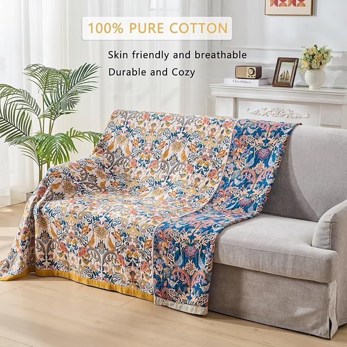 Fall Boho Throw Blanket for Bed, Muslin Reversible Blanket Washable Breathable,100% Cotton Lightweight 4-Layer King Size Throw Blanket for Bed,90"x98"-Ruum Studio Home