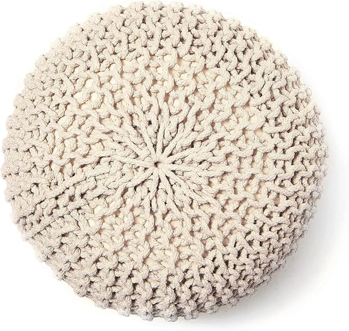 REDEARTH Round Pouf Ottoman - Cable Knitted Boho Poof - Home Décor Cord Pouffe Handmade Circular Footrest for Living Room - Bedroom - Kids Bedroom - 100% Cotton Pouf (19.5"x19.5"x14") - Ivory-Ruum Studio Home