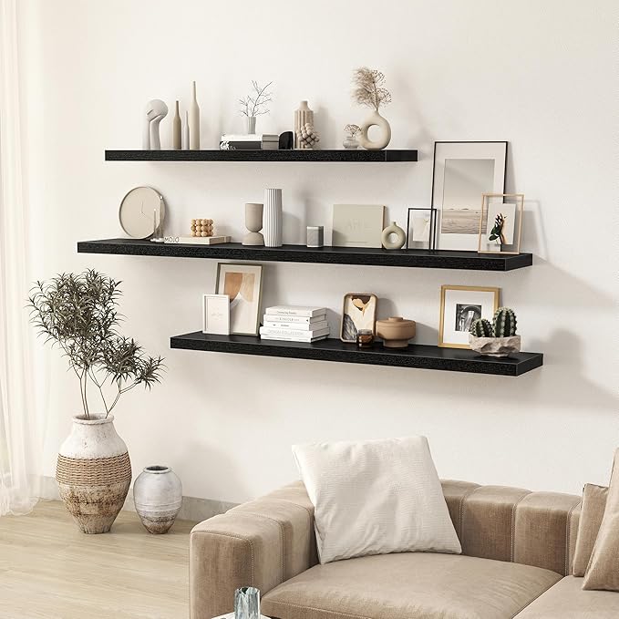 Fun Memories 72 Inch Floating Shelves for Wall 2 Pack Shelves for Bedroom|Kitchen|Bathroom 72 x 9.3 Inch Wood Floating Shelf with Invisible Brackets for Books|Storage|Decor, Black-Ruum Studio Home