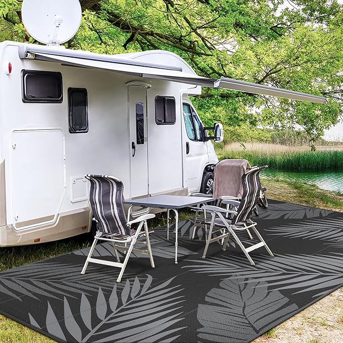 GENIMO Outdoor Rug 10' x 14' Waterproof for Patios Clearance, Reversible Outdoor Plastic Straw Camping Rug Carpet, Large Area Rugs Mats for RV, Camper, Deck, Balcony, Porch, Beach, Picnic, Black&Grey-Ruum Studio Home