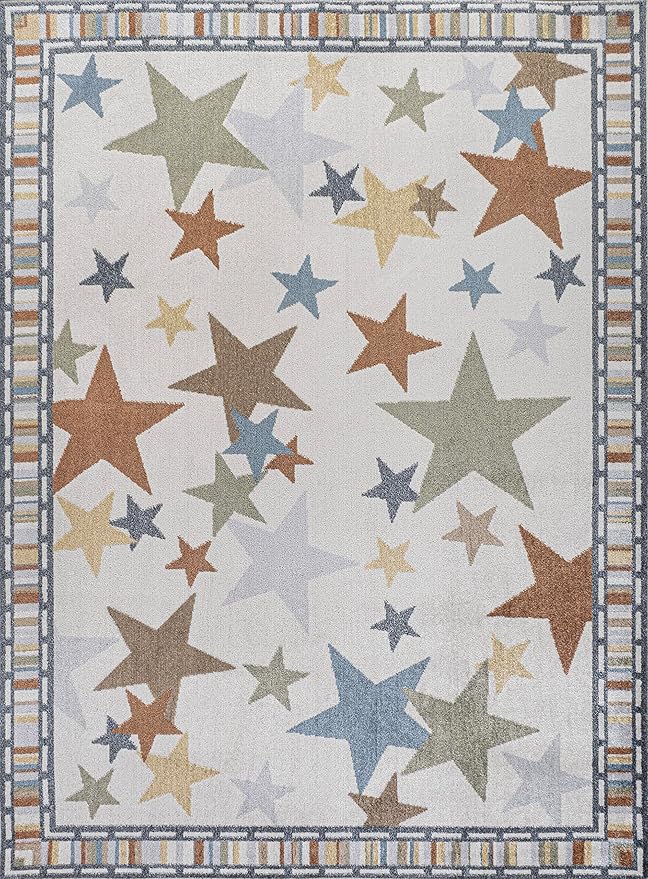 JONATHAN Y Machine-Washable Ivory/Blue/Orange Indoor Area Rug, 4x6, Star Gazer Geometric, Border, Kids & Novelty, Classic, Bedroom, Kitchen, Living Room, Easy-Cleaning, Non-Shedding (KDW100A-4)-Ruum Studio Home