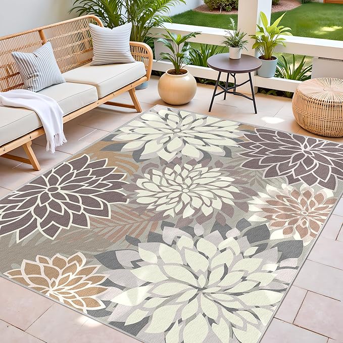 Indoor Outdoor Area Rug Washable Multicolored Patio Rug Tropical Botanical Modern Floral Indoor Outdoor Carpet Brown White Rug Non Slip Non Shedding for Patio, Deck, Backyard, Porch (6x9)-Ruum Studio Home