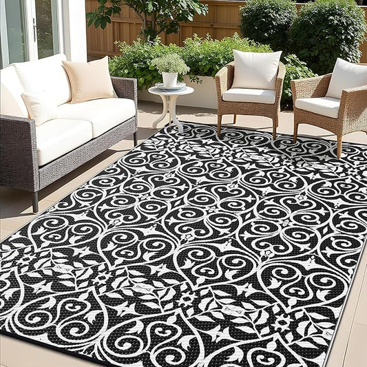 OLANLY Outdoor Rug Waterproof 8x10 ft Clearance, Reversible Outdoor Plastic Straw Rug with Floral Pattern, RV Mat for Patio, Camping, Balcony, Deck, Backyard, Black & White-Ruum Studio Home