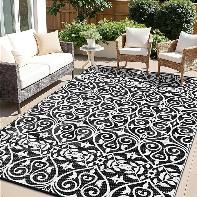 OLANLY Outdoor Rug Waterproof 9x12 ft Clearance, Reversible Outdoor Plastic Straw Rug with Floral Pattern, RV Mat for Patio, Camping, Balcony, Deck, Backyard, Black & White-Ruum Studio Home