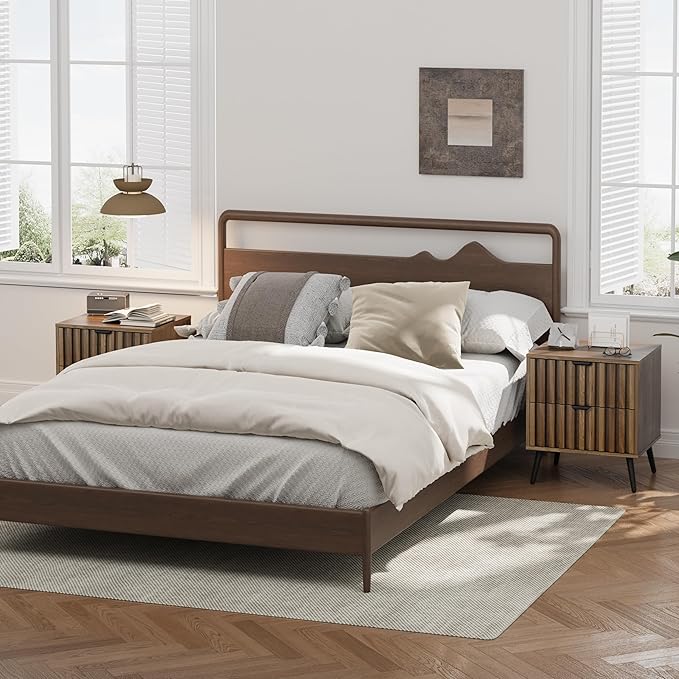 Smuxee Walnut Wooden Night Stand, Mid Century Nightstand with 2 Fluted Drawers, Bedside Table with Metal Feet, Modern End Side Table for Bedroom-Ruum Studio Home