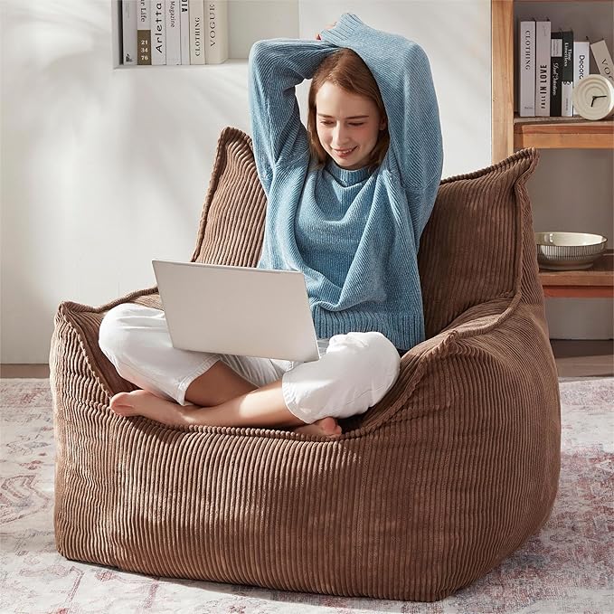 Giant Bean Bag Chair Sofa for Adults Teens, Comfy Corduroy Large Bean Bag Chairs with Armrests for Bedroom Living Room, Adult BeanBag Lazy Sofa Couch Chairs with Filler Included-Ruum Studio Home