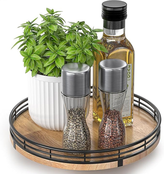 9" Oak Wood Lazy Susan Turntable Organizer for Cabinet, Round Wooden Farmhouse Lazy Susan Organization and Storage for Dining Table, Pantry, Kitchen, Countertop, Cupboard,Home Decor-Ruum Studio Home