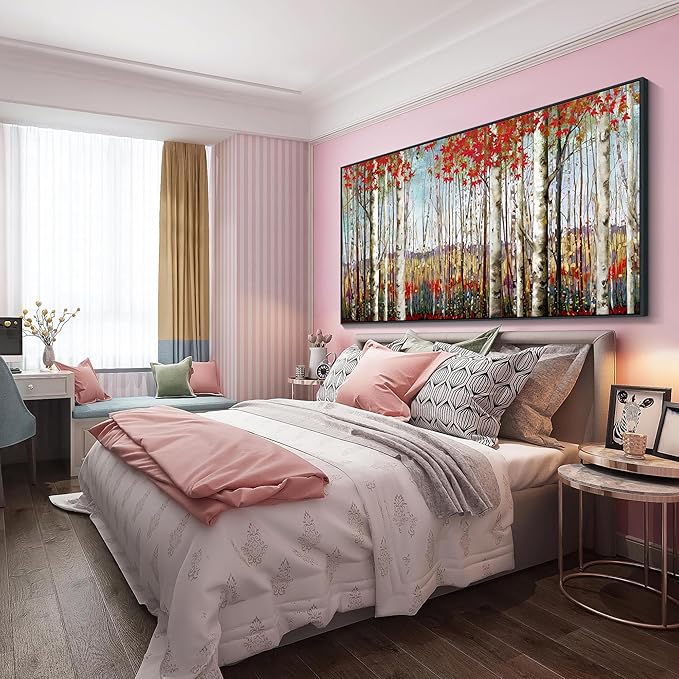 Mofutinpo Large Framed Wall Decor canvas Red Leaves White Birch Tree Wall Art For Living Room bedroom rustic kitchen Modern painting Artwork 29x58 Large Size Black Framed-Ruum Studio Home