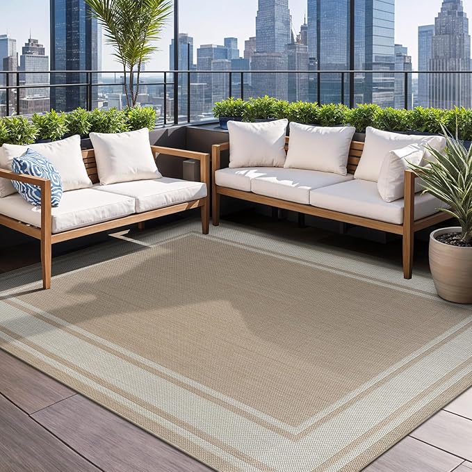 Beverly Rug Large Outdoor Rug 9x12 Modern Bordered Area Rugs for Indoor and Outdoor Patio Deck Porch Garden Waterproof Weather Sun Resistant Washable Outside Carpet (9 x 12 Beige)-Ruum Studio Home